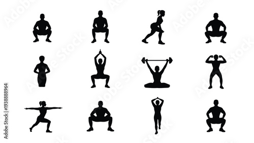 Collection of 12 minimalist black silhouettes of people exercising and working out in various fitness poses on white background