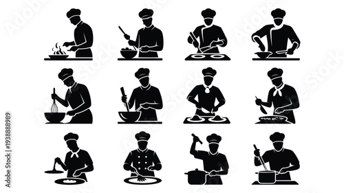 Chef silhouette icons set various cooking actions and techniques in black and white illustration style