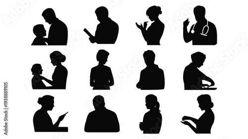 Collection of black silhouettes of people interacting with digital devices on white background various poses and professions