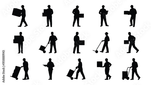 Collection of black silhouettes of people carrying or pushing boxes and luggage on various backgrounds