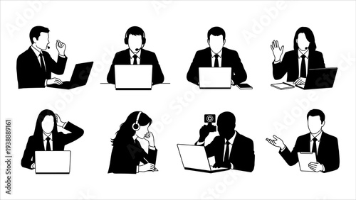 Diverse professionals working on laptops in various poses and actions, showcasing modern office environment from multiple viewpoints