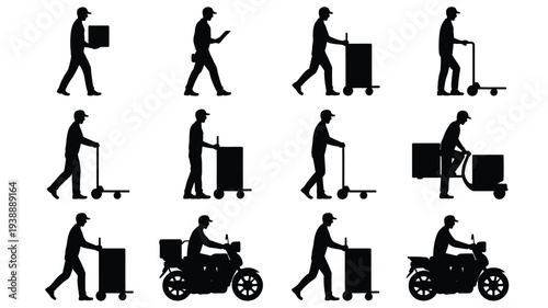 Collection of workers moving furniture and boxes with various carts and dollies in a vector illustration