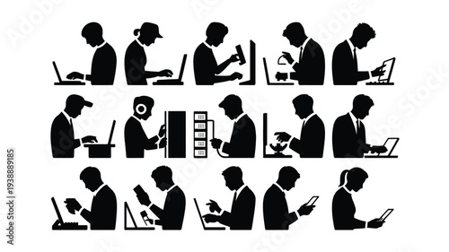 Silhouette of business professionals working on laptops and mobile devices in various office settings and poses