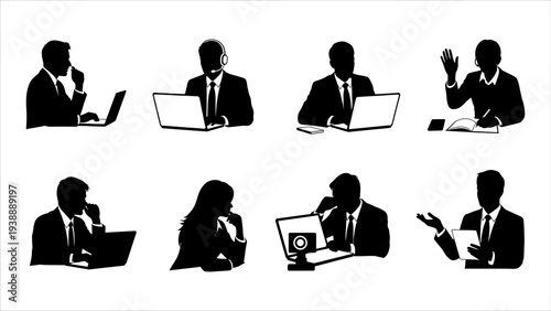 Collection of business professionals working on laptops and communicating in various office settings