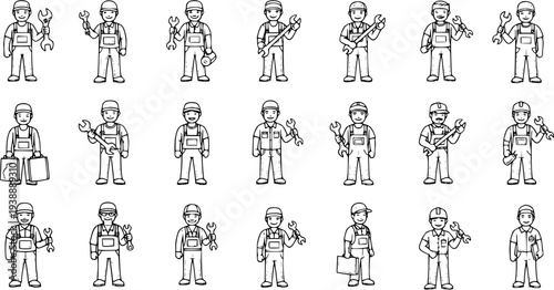 Black and White Line Art Cartoon Mechanics and Engineers with Wrenches and Tools Set. Automotive service and repair workers avatars vector collection.