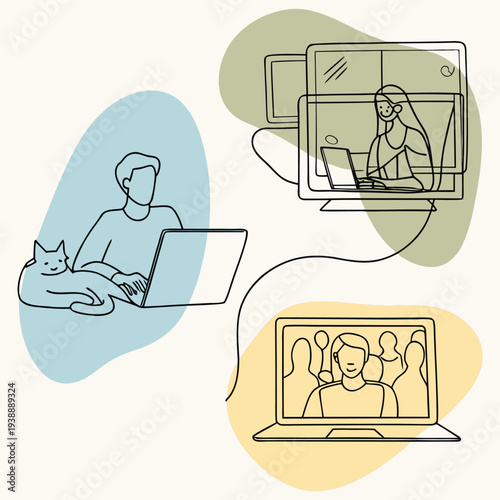 Digital Collaboration Illustrations with Abstract Shape Remote Work and Video Conferences 