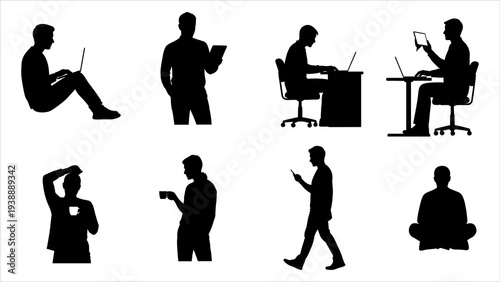 Silhouetted figures in various work-related activities and poses displayed across a grid-like layout referenced in worker-54.eps