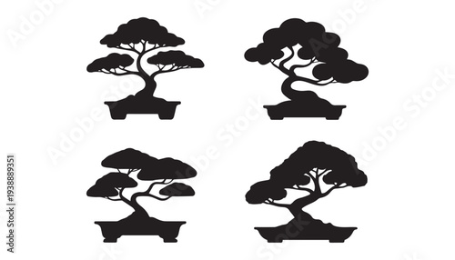 black color bonsai trees set of silhouette vector illustration, solid white background