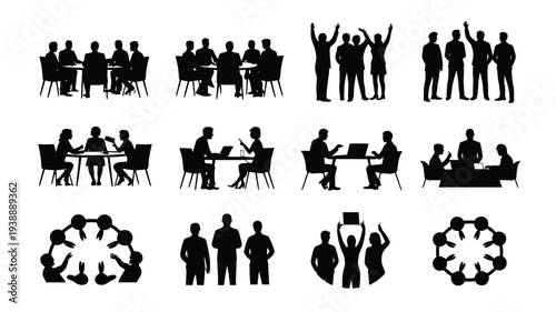 Collection of black silhouette illustrations showing various business meeting and teamwork scenes with people interacting and collaborating in different settings