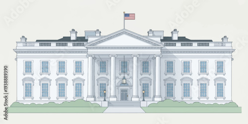 White House Illustration with Columns and Flag.