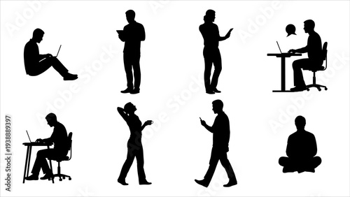 Silhouetted figures in various work-related poses and actions, worker-51.eps as reference, showcasing different tasks and activities in a simple illustration style