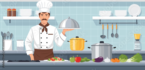 Mustached Chef Holding Cloche in Professional Kitchen Cute Cartoon Pixel Art Illustration Flat Style with Vegetables Counter for Restaurant Menu Designs, Cooking Blog Clipart, and Vector Collections