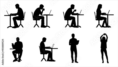 Silhouetted workers engaged in various office tasks at their desks, captured from multiple viewpoints