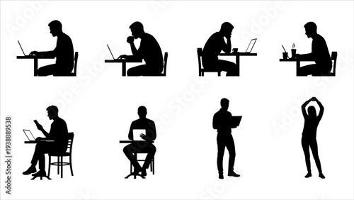 Collection of silhouetted people working on laptops and various activities in a minimalist office setting from multiple viewpoints