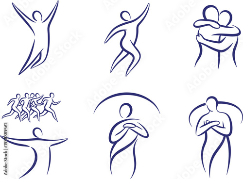 Abstract human figures expressing unity, happiness, teamwork, hug and celebration concept with minimal line people icons collection - flat vector illustration