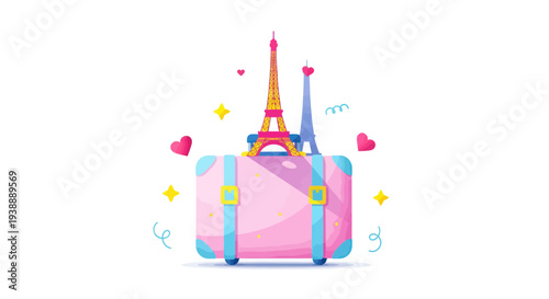 Parisian Adventure: Pink Suitcase with Eiffel Tower Icons, Travel Concept