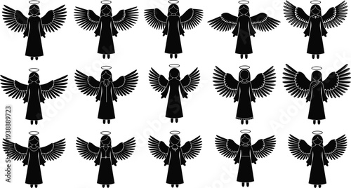 Angel silhouette set with wings and halo, guardian angel collection, spiritual heavenly characters, religious symbol design - flat vector illustration