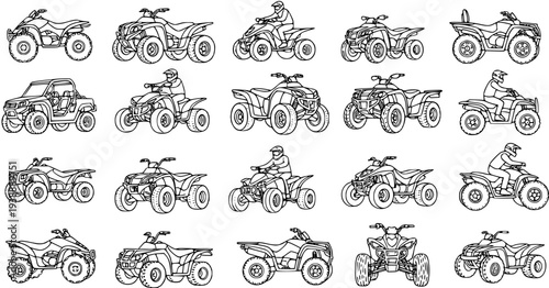 Automotive Off-Road Recreation: Black and White Line Art Collection of All-Terrain Vehicle (ATV) and Quad Bike Icons, some with Riders