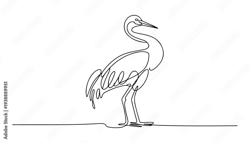 Fototapeta premium One continuous line illustration of an Cranes bird , isolated on white background.