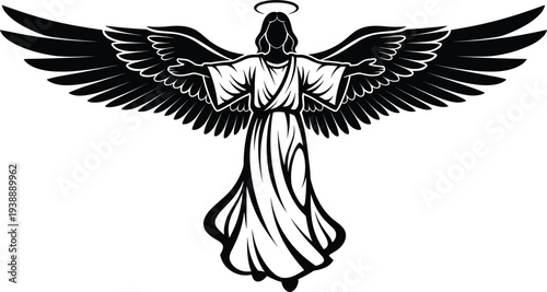 Angel wings silhouette illustration, heavenly guardian angel with halo and spread wings, spiritual religious symbol isolated - flat vector illustration