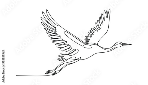 One continuous line illustration of an Cranes bird , isolated on white background.