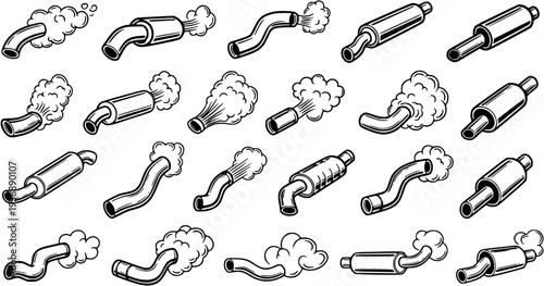 Automotive Exhaust Systems Black and White Line Art Collection. Hand-drawn Car Mufflers, Tailpipes, and Smoking Fumes Doodle Set for Vehicle Repair
