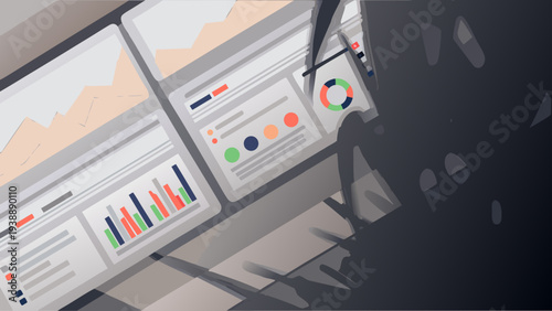 Business analyst working on data visualization project with multiple screens displaying charts and graphs in modern office