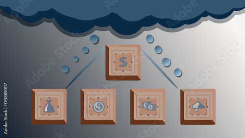 Flat illustration showing interconnected wooden cubes with financial symbols and dollar sign representing business and economy concepts on a gradient background
