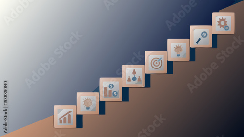 Business strategy concept with wooden cubes and icons on stairs representing growth and success