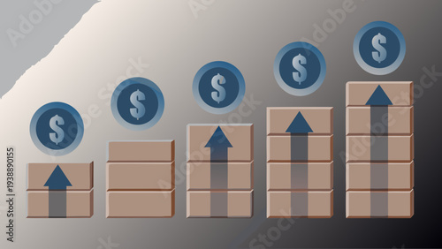 Increasing wooden cubes stacked upwards with blue dollar signs symbolizing business growth and financial success