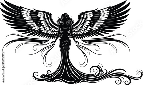 Angel woman with large wings silhouette, mystical heavenly guardian figure decorative fantasy design isolated black flat vector illustration
