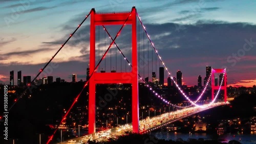 4K drone video of a breathtaking city view, the Bosphorus, and the Fatih Sultan Mehmet Bridge in Istanbul, Turkiye.