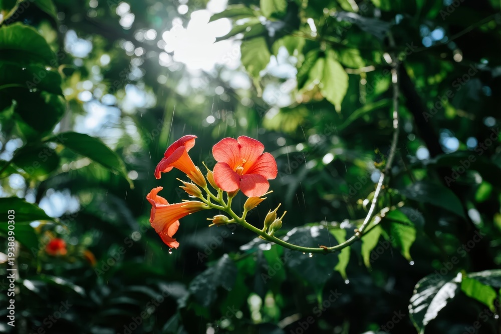 Obraz premium Vibrant orange flowers blooming on a vine amidst lush green foliage in a sunlit garden setting