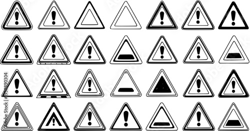 Warning Signs Collection: Exclamation Marks  Hazard Symbols, Black and White Line Art Vector