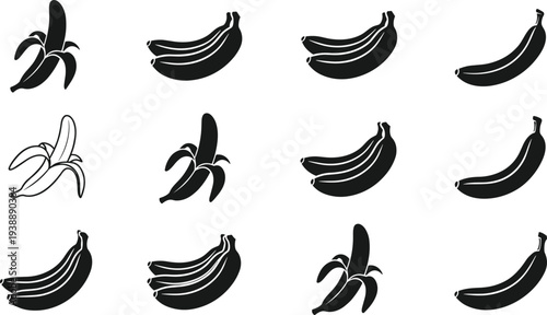 banana silhouette collection, peeled and whole banana fruit icons set, tropical food symbol isolated black shapes flat vector illustration