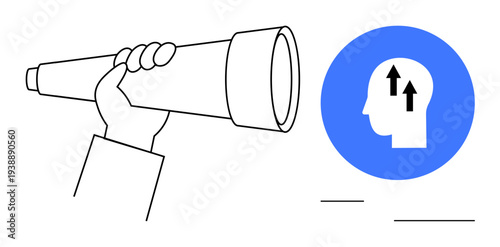 Vision concept. Vision illustrated with a hand holding a telescope and a head silhouette highlighting upward arrows growth and strategy. Vision for leadership, future planning, innovation, goal