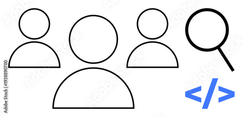 People icons represent teamwork and recruiting, magnifying glass indicates search or discovery, and coding symbol suggests programming. Ideal for HR, tech, collaboration, education, web, analysis