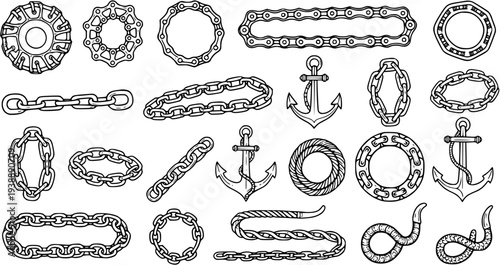 Black and White Line Art Vector Illustrations of Various Chains and Anchors for Nautical and Industrial Themes