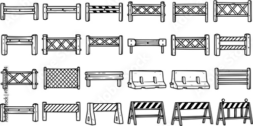 Construction Barriers and Fences, Black and White Line Art Vector Collection