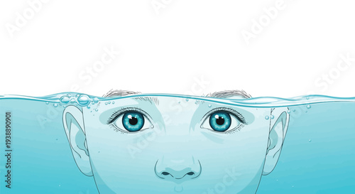 A person s face partially submerged underwater focusing on the eyes