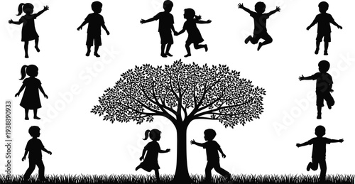 children playing silhouettes around tree, happy kids outdoor activity scene, childhood friendship fun in park nature, playful lifestyle, flat vector illustration