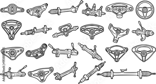 Automotive Steering Parts, Rack and Pinion, Steering Wheel, Tie Rods, Line Art