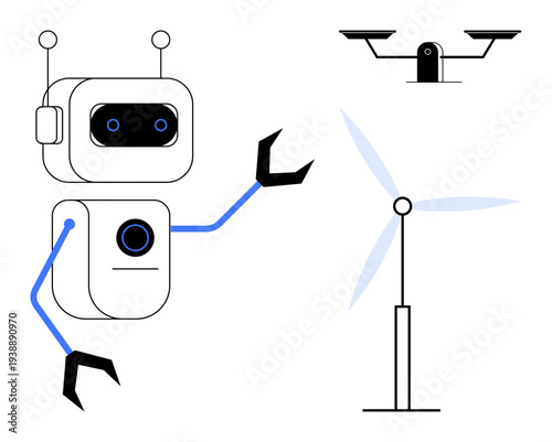 Robotics, artificial intelligence, renewable energy, sustainability, technology innovation, progress. A robot interacts alongside a quadcopter and wind turbine. Robotics and renewable energy concept