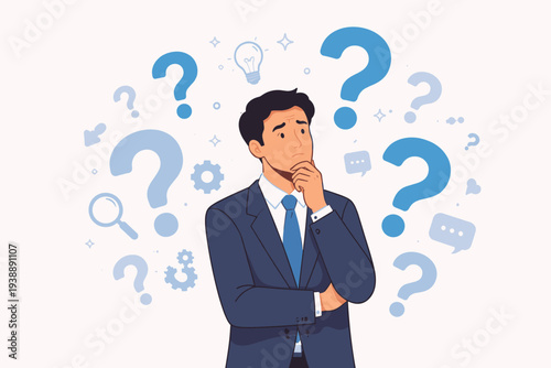 Confused Businessman Thinking with Question Marks, Lightbulb, and Gears, Concept of Problem Solving, FAQ, Curiosity, Doubt, and Seeking Answers, Professional Decision Making and Uncertainty