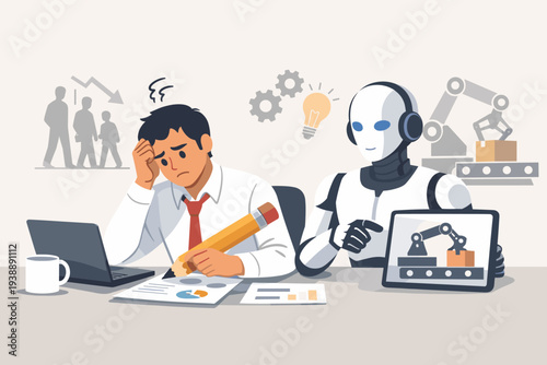 Artificial Intelligence Robot Assisting or Replacing Stressed Human Worker in Office, Concept of Automation, Job Security, Future of Work, Industry 4.0, and Digital Transformation Illustration