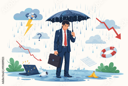 Stressed Businessman Facing Business Crisis and Failure with Downward Financial Charts, Broken Laptop, and Bad Luck Symbols in the Rain, Concept for Mental Health, Depression, and Burnout