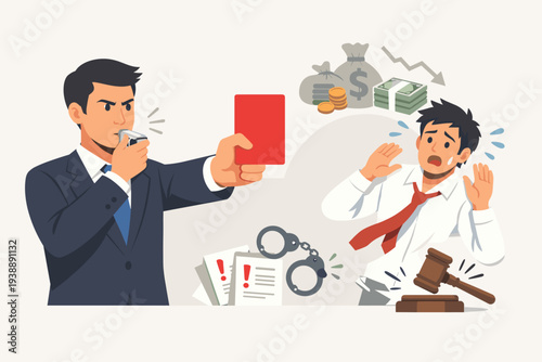 Businessman Referee Showing Red Card to Corrupt Employee for Rule Violation, Financial Fraud, and Illegal Activities with Handcuffs, Gavel, and Money Loss Symbols in Office Concept Vector.