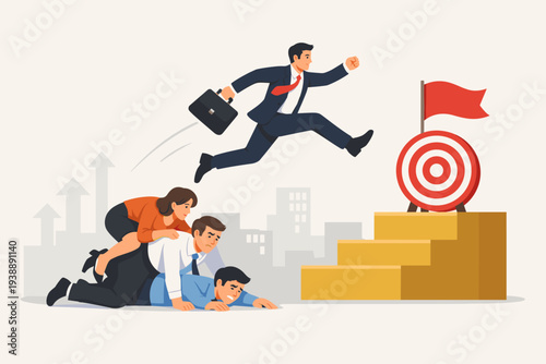 Career competition and job promotion concept with a selfish businessman jumping over struggling colleagues to reach a target goal. Ambitious man stepping on others to climb the corporate ladder.