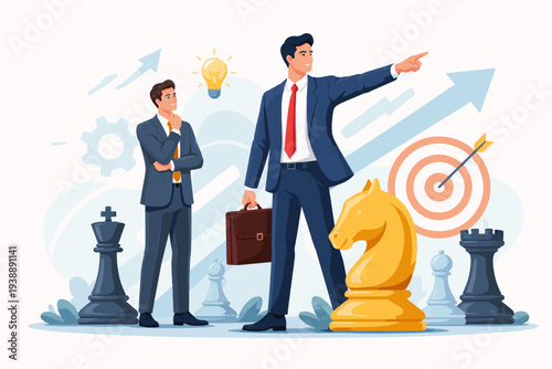 Business Strategy and Leadership Concept with Professional Men Planning to Achieve Targets. Visionary Leader Pointing Forward with Strategist Thinking Near Chess Pieces, Lightbulb, and Goal Icon.