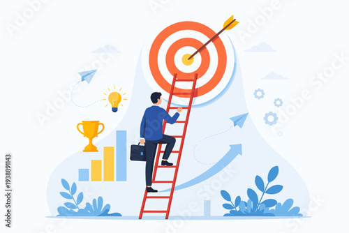 Businessman climbing a ladder to reach a target bullseye, concept of business success, goal achievement, career growth, aspiration, motivation, and strategic vision for professional progress.